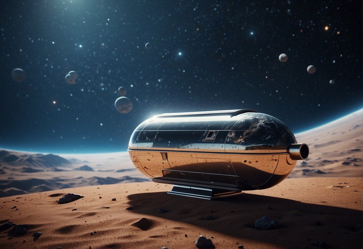 A time capsule buried on a distant planet, surrounded by futuristic spacecraft and technology, with a backdrop of a starry sky and distant galaxies