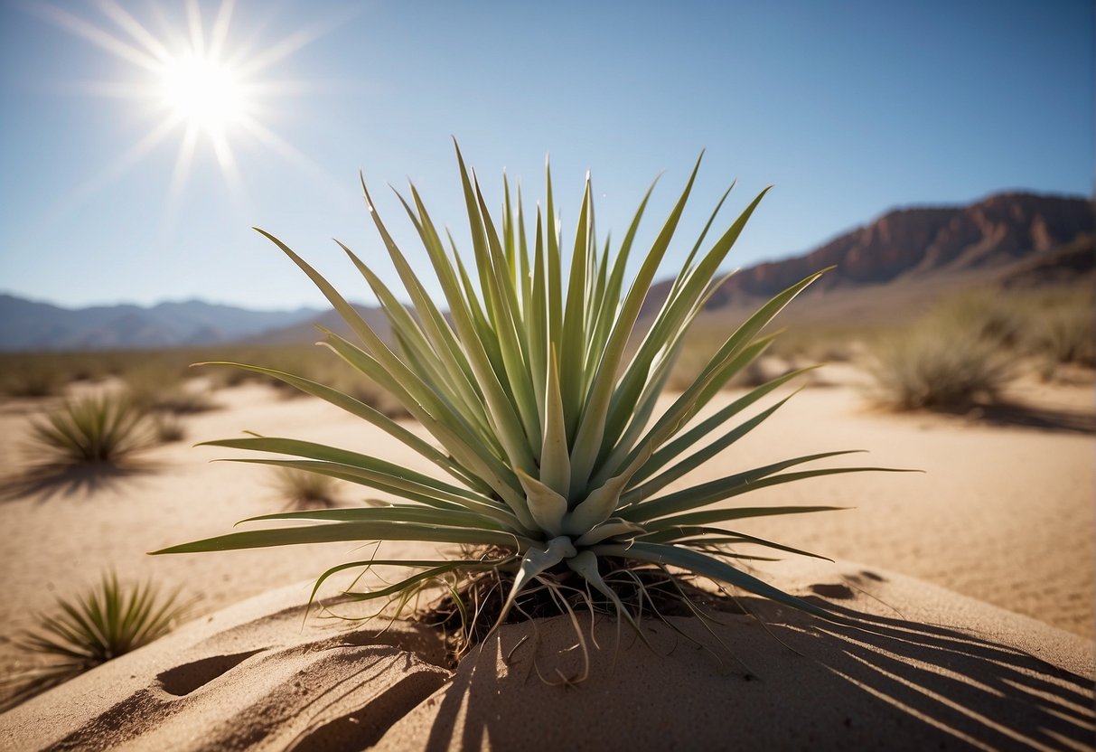 A desert yucca plant with new growth sprouting from a cut stem, surrounded by sandy soil and a sunny, arid landscape