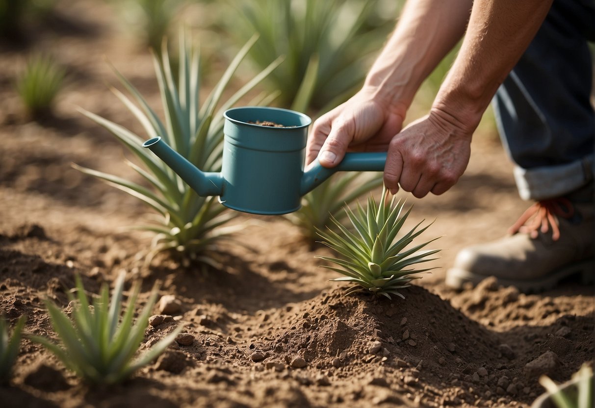 A hand reaches down, planting yucca cuttings in sandy soil. A watering can sits nearby, ready to provide post-propagation care