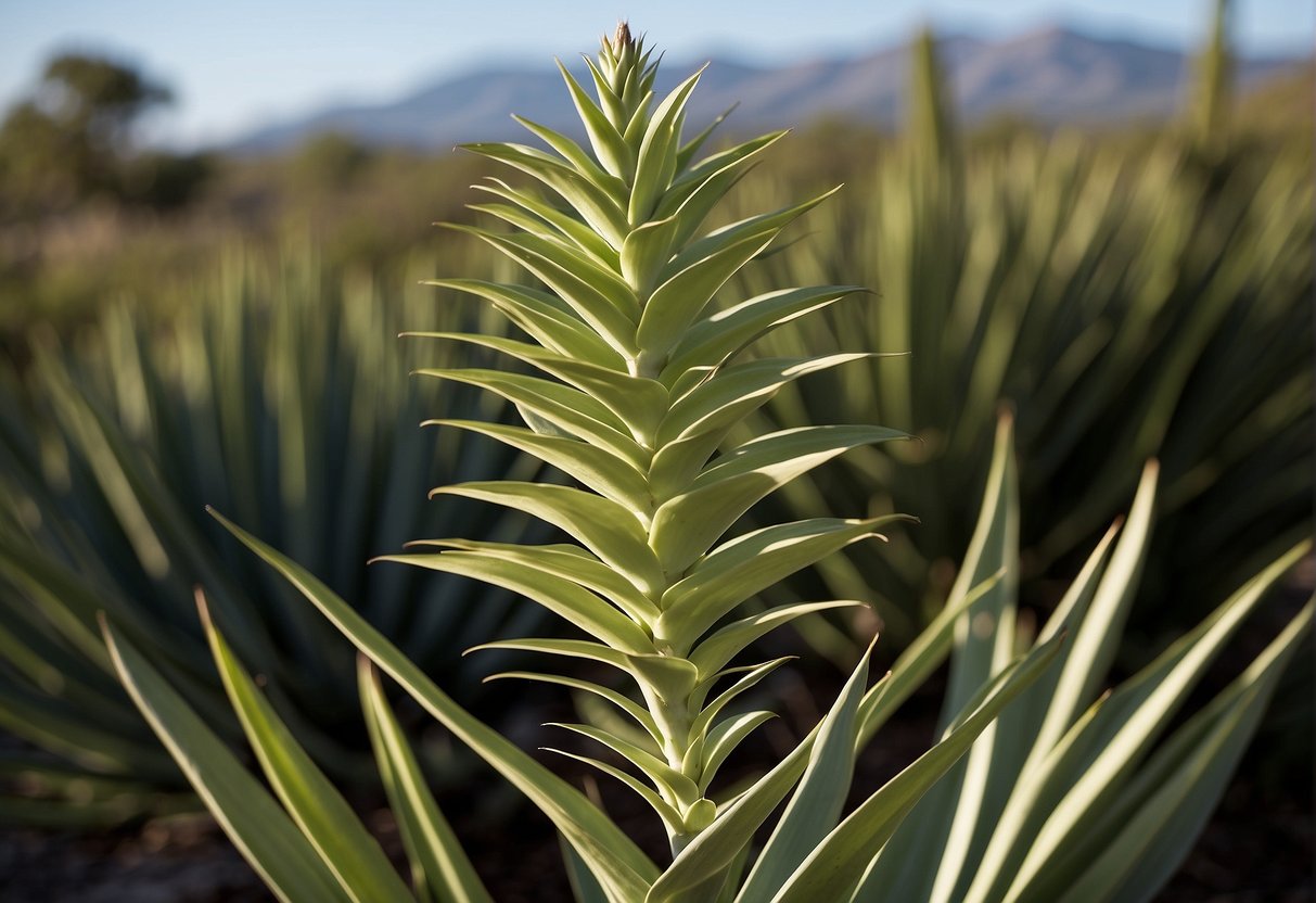 A yucca plant grows rapidly, its long, slender leaves stretching outwards. The plant's lifespan spans many years, with new shoots emerging from the base