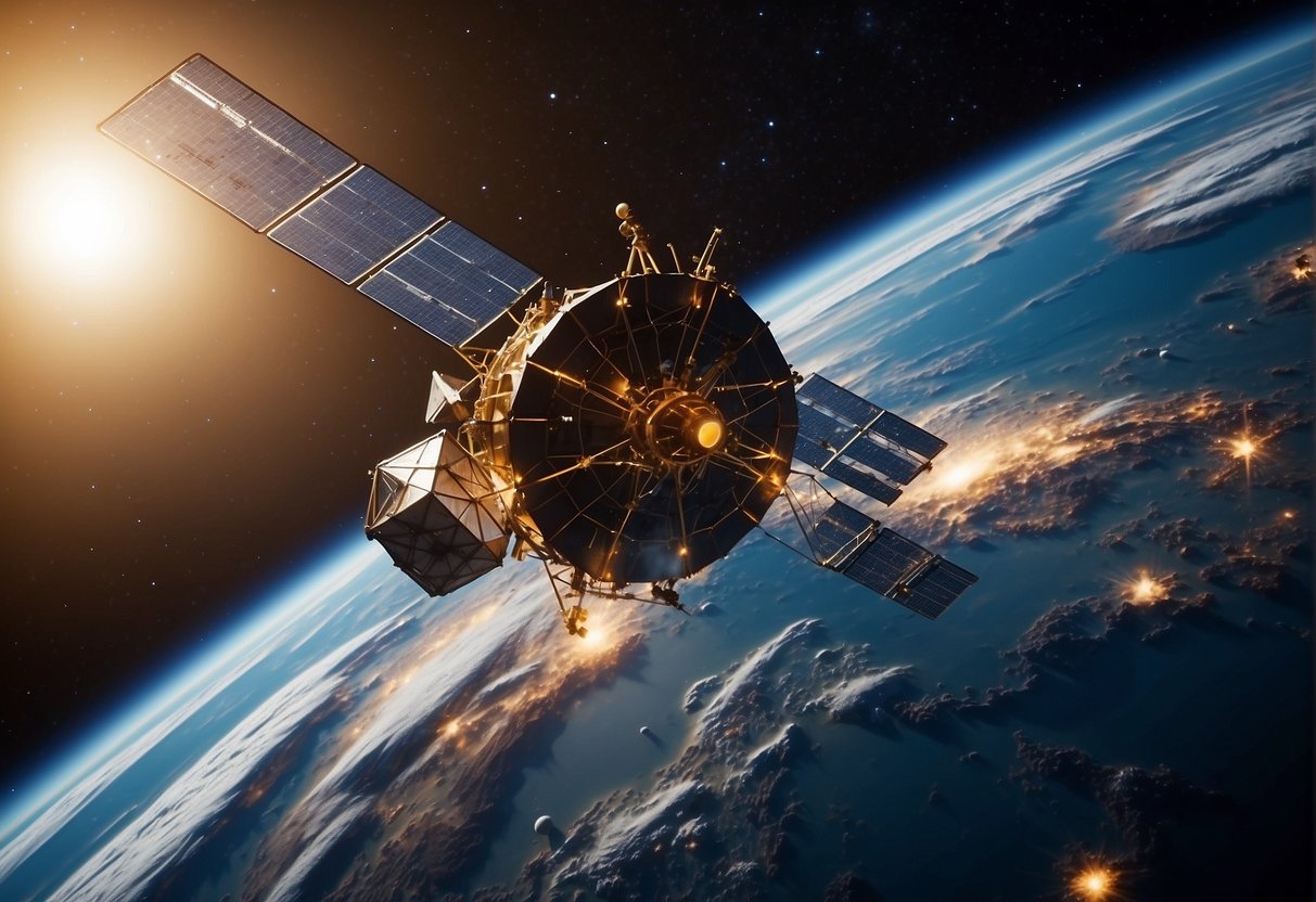 Satellite constellations orbit Earth, beaming internet signals. Ground stations track and communicate with satellites, ensuring global connectivity. Challenges include orbital debris and regulatory issues