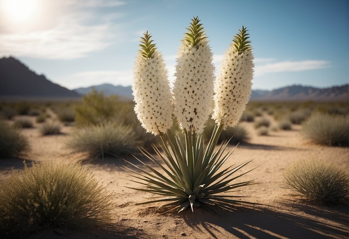 A yucca plant stands tall in the desert, with long, sword-like leaves and a cluster of white, bell-shaped flowers at its center