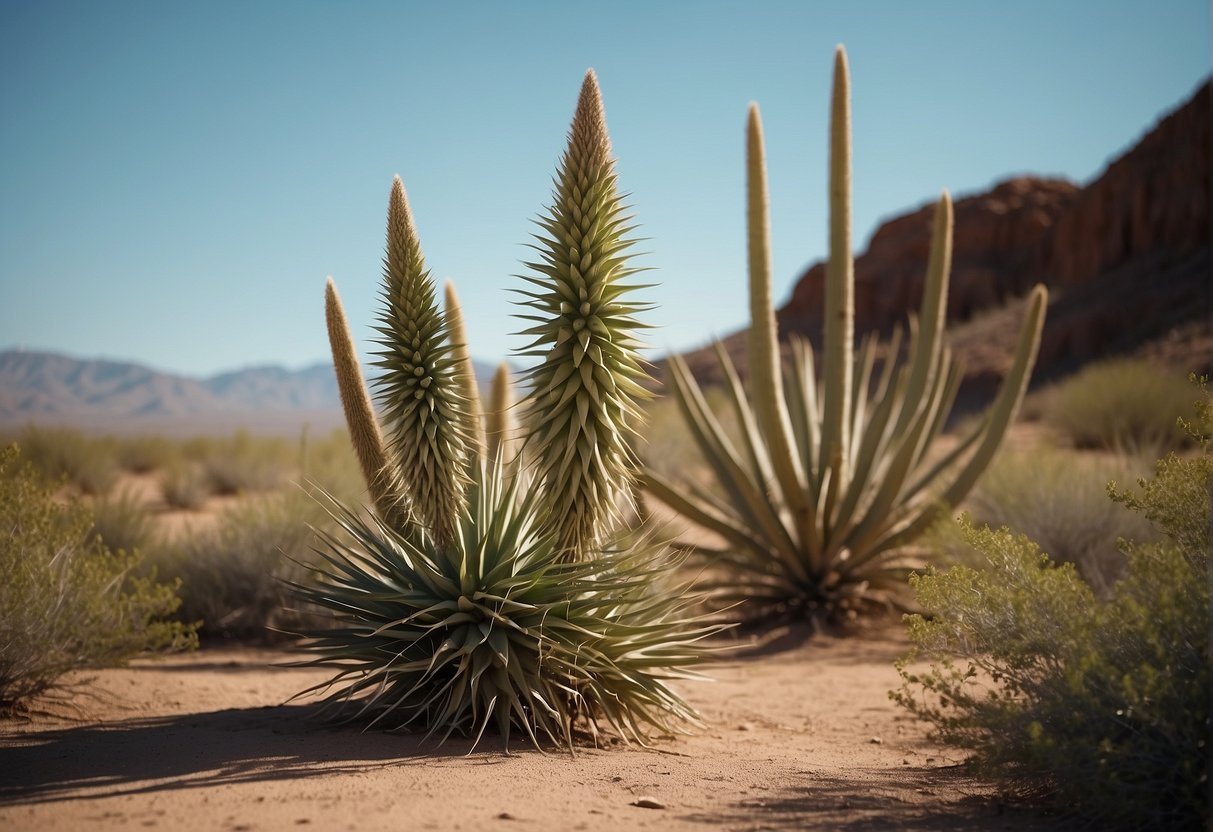 A cluster of tall, spiky yucca plants with long, sword-like leaves standing in a desert landscape