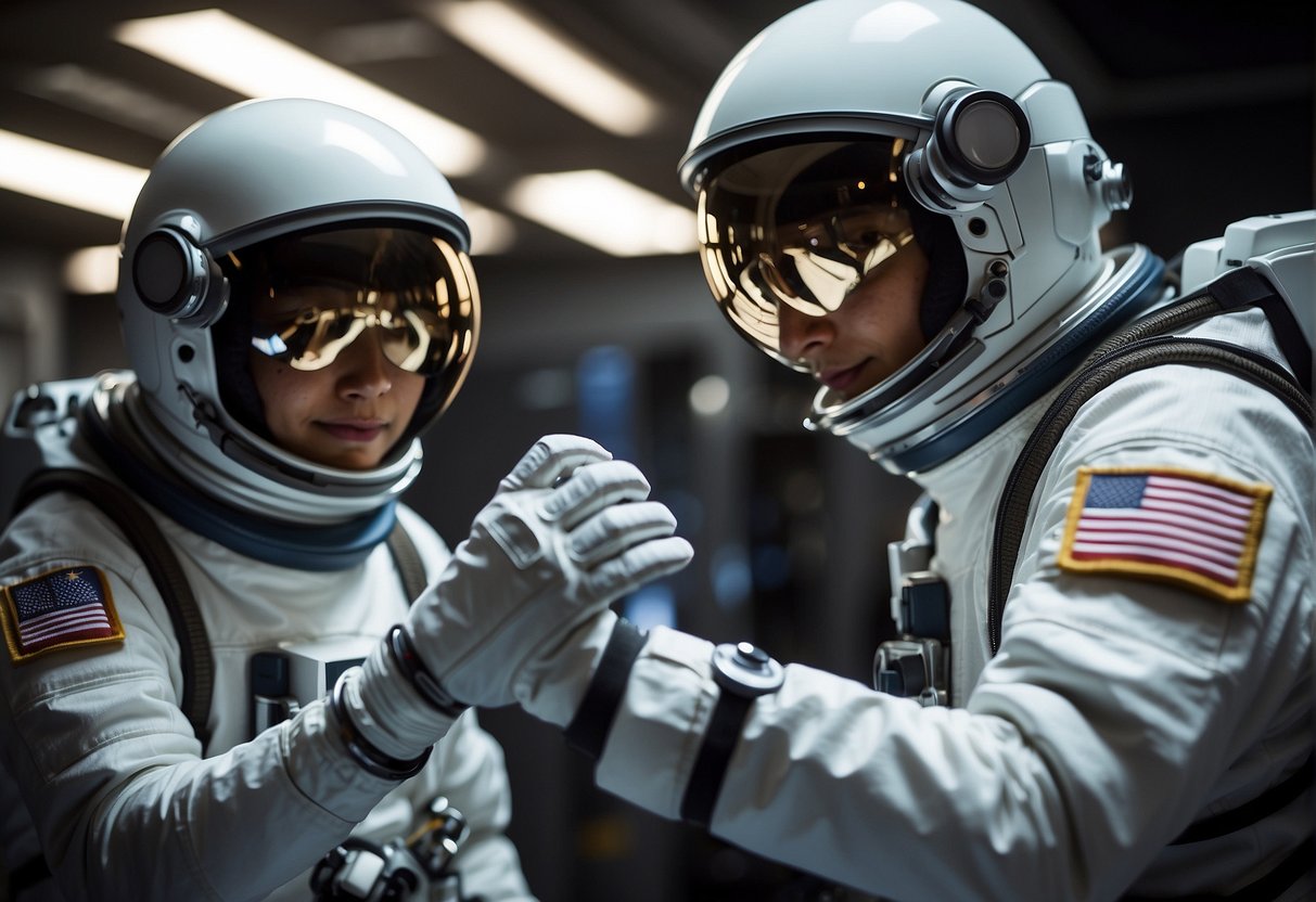 Astronauts interact with wearable tech in space: AR glasses, smart gloves, and sensor-equipped suits. The tech enhances their capabilities for tasks like repairs and data analysis