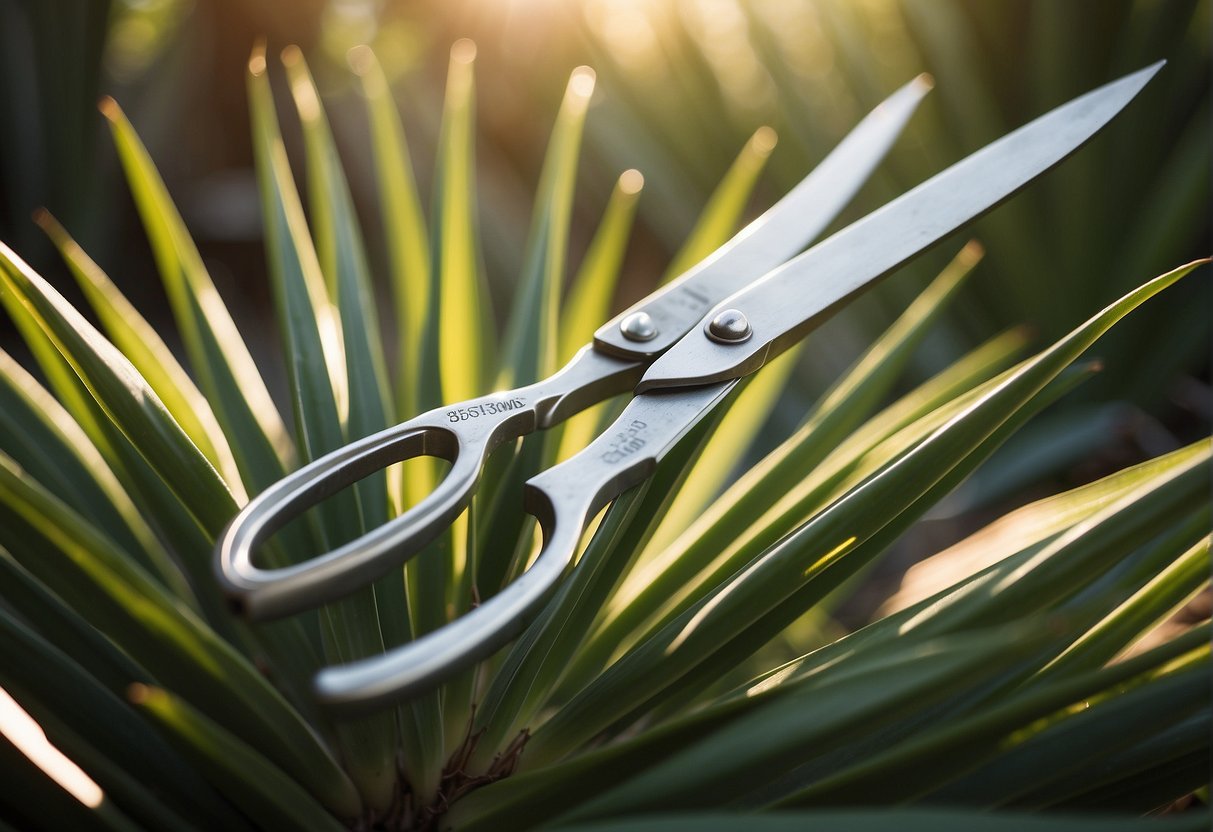 A pair of sharp gardening shears cuts through the thick, sword-like leaves of a yucca plant. The sun shines down on the neatly trimmed plant, with the pruned leaves neatly stacked beside it