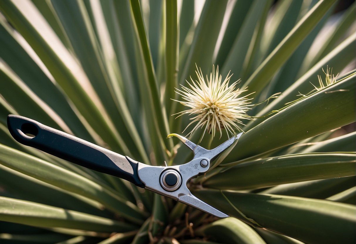 A pair of pruning shears cutting back the tall, spiky leaves of a yucca plant, with a pile of trimmed foliage on the ground nearby