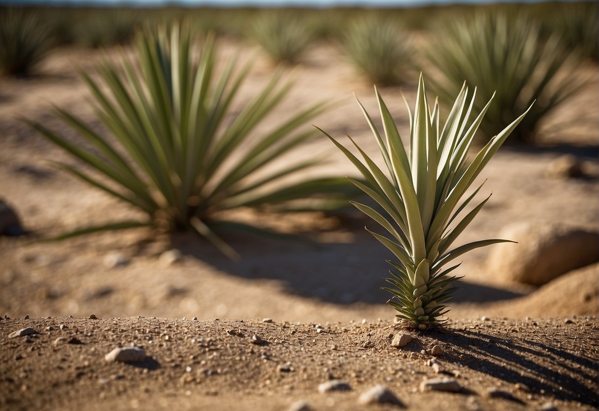 A yucca plant sits in a sunny, well-drained area with minimal water and ample airflow. The soil is sandy and slightly acidic