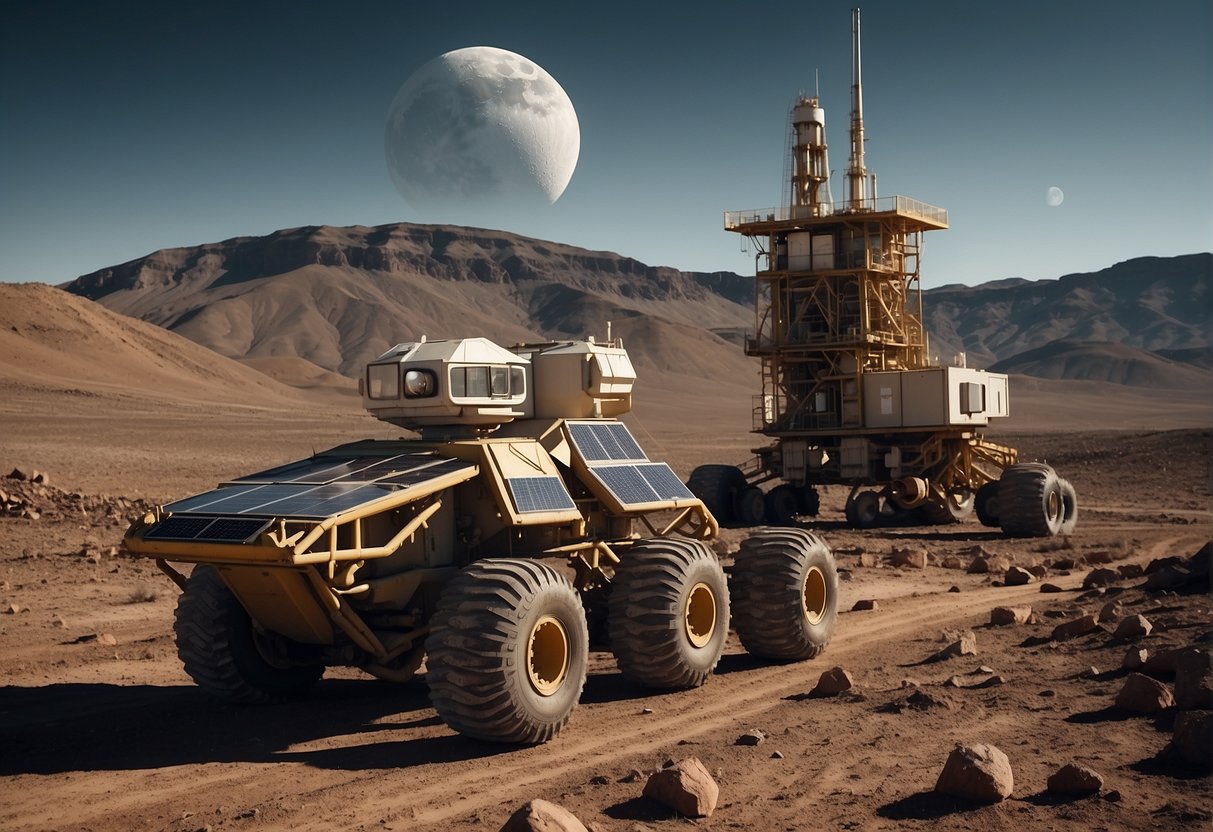 The lunar surface is dotted with mining equipment extracting resources. A base with solar panels and communication towers stands in the distance