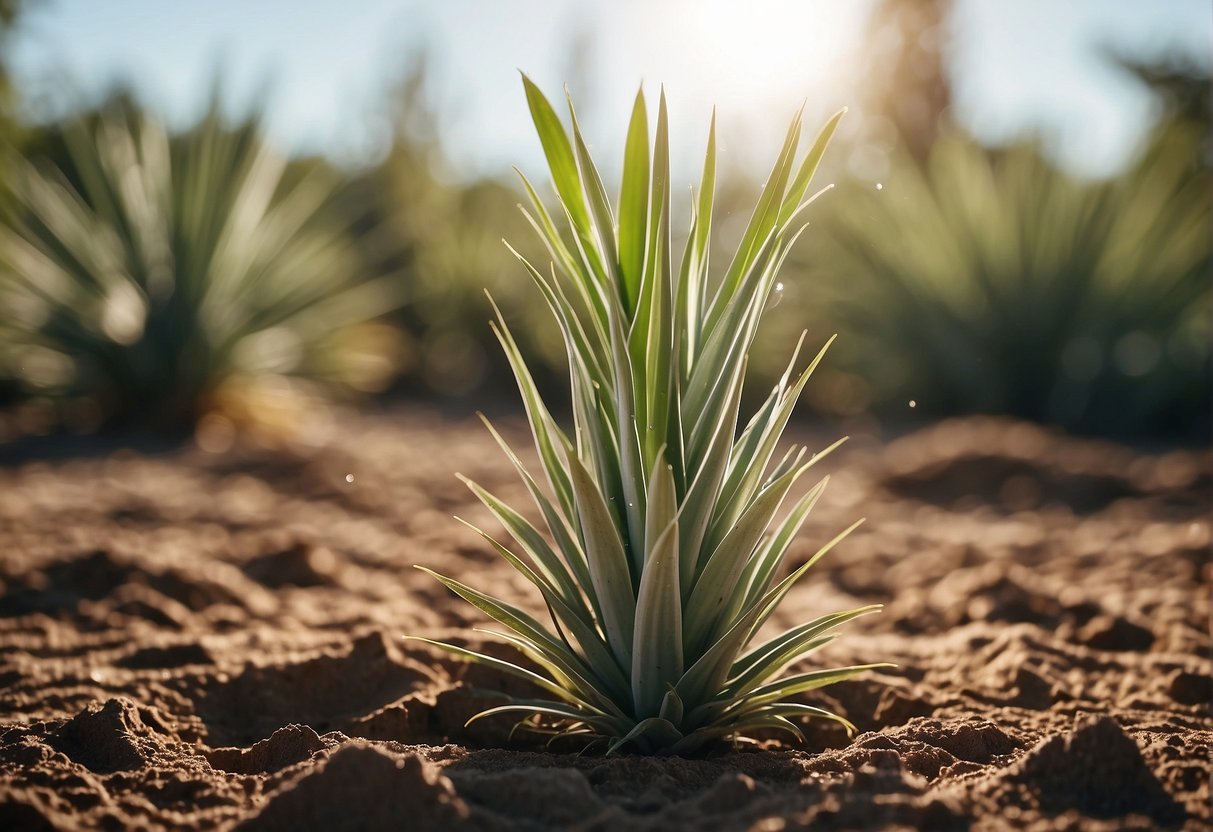 Yucca plant receiving water and fertilizer, surrounded by well-draining soil and placed in a sunny location