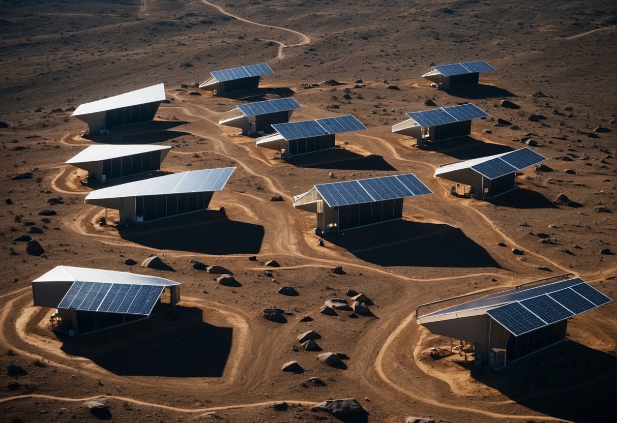 A network of solar panels and energy storage units dot the lunar landscape, providing power for mining and processing lunar resources