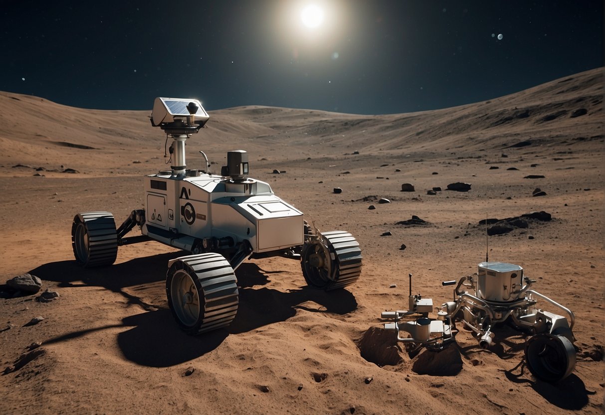 A lunar rover collects samples from a crater, while a robotic arm drills for water ice beneath the surface. Solar panels power the equipment as Earth looms in the distance