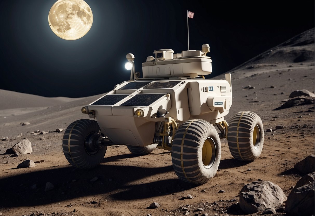 Moon rover traversing rugged lunar terrain, collecting and transporting resources for base construction