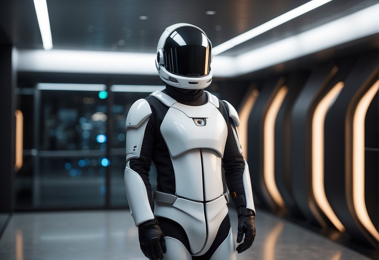 The Future of Space Suits: A futuristic space suit hangs in a sleek, minimalist room. Its sleek design and customizable features are highlighted, with emphasis on both style and functionality