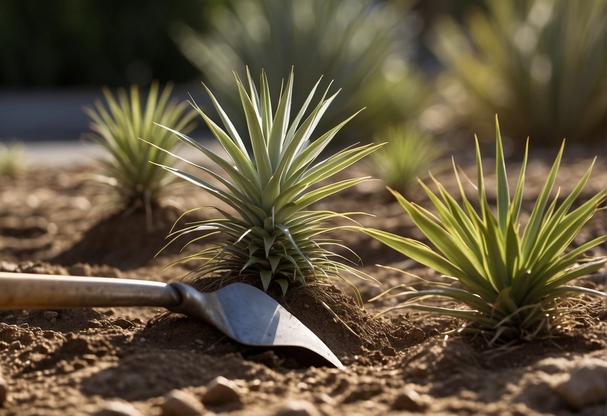 The yucca plants being uprooted and removed from the ground using shovels and gardening tools