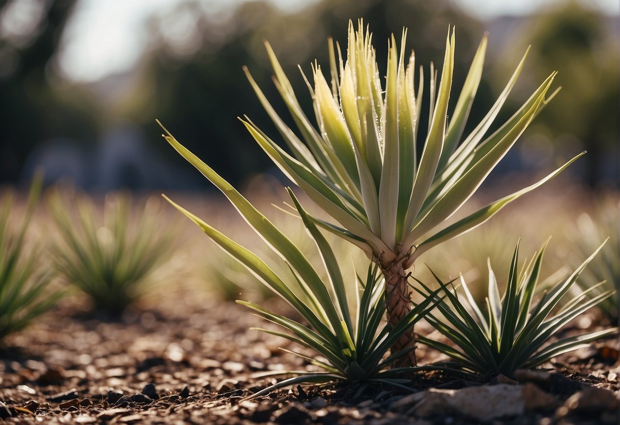 A yucca plant being sprayed with herbicide, with wilted and dying leaves