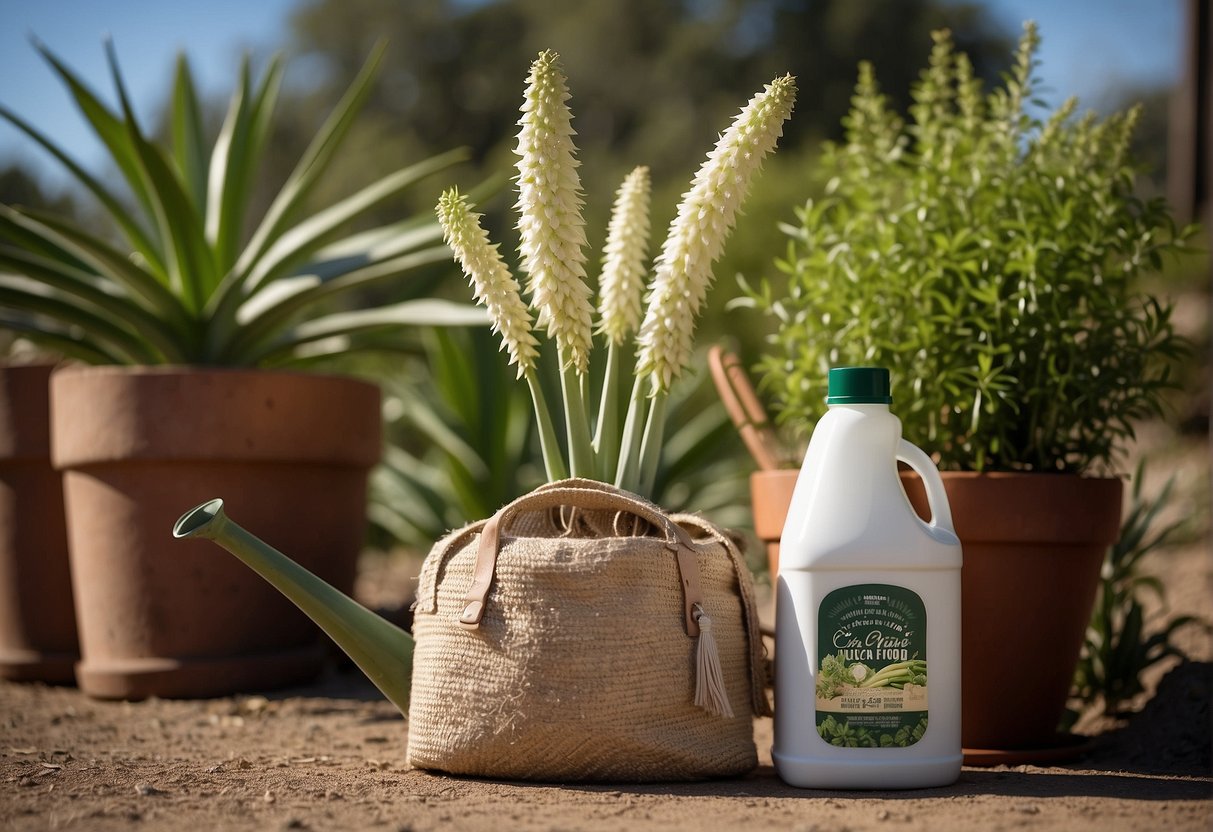 A bag of yucca plant food sits next to a watering can, surrounded by healthy, vibrant yucca plants in various stages of growth