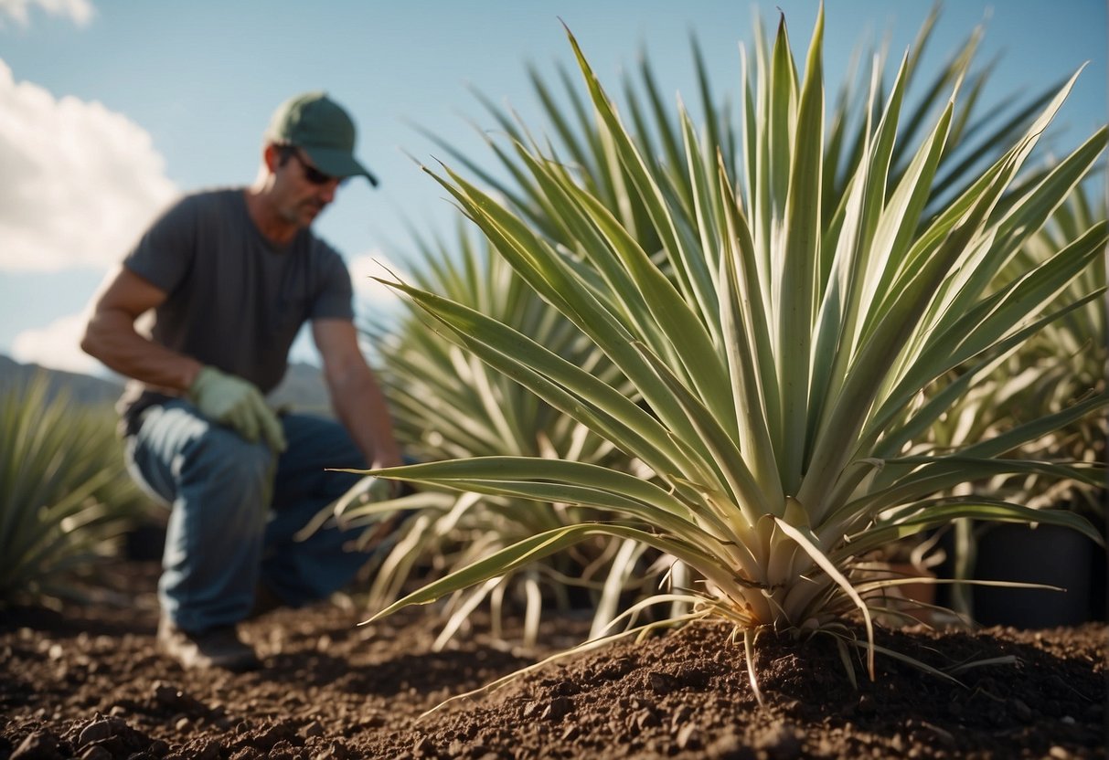 A yucca plant is being fed with fertilizer and water, while another is being pruned to remove dead or overgrown leaves