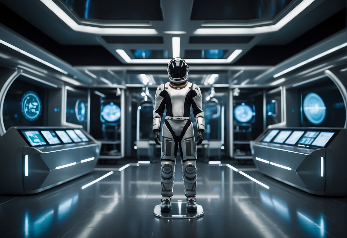 A futuristic space suit hangs in a sleek, high-tech laboratory, surrounded by cutting-edge equipment and digital displays. The suit is customizable, stylish, and highly functional, representing the future of space suit development