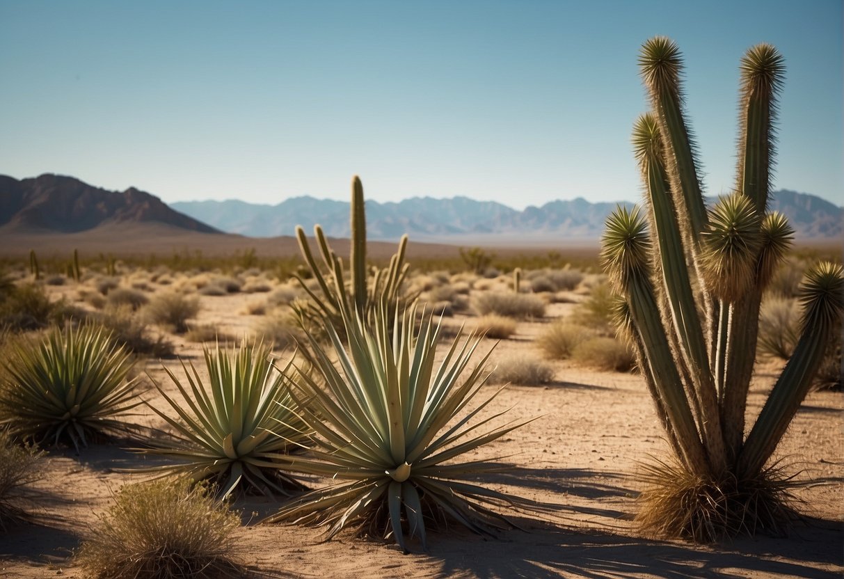 A desert landscape with yucca elata plants thriving in the arid environment, surrounded by other drought-resistant flora