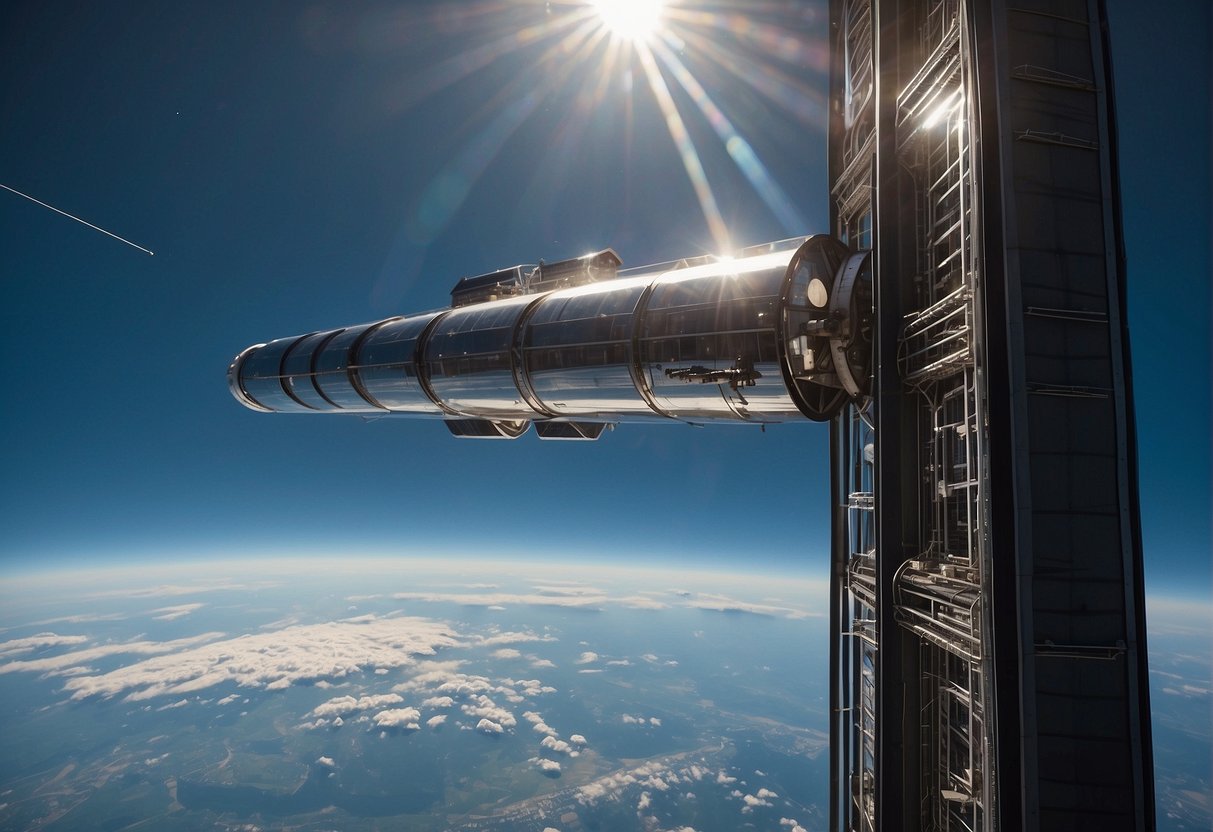 Space Elevators A space elevator extends from Earth's surface into the atmosphere, with cables reaching up towards a distant space station. The sun shines brightly on the futuristic structure, showcasing its potential for overcoming technical and financial hurdles
