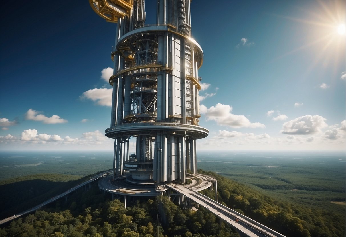 A towering space elevator stretches into the sky, with cables and counterweights extending down to the Earth's surface. Engineers work on complex machinery, tackling technical and financial obstacles