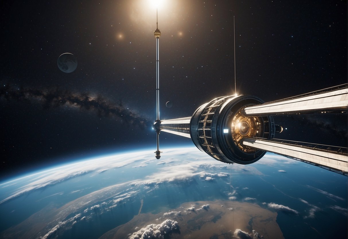 A space elevator rises majestically from Earth, its sleek and futuristic design reaching towards the stars, symbolizing the potential for overcoming technical and financial hurdles in space exploration
