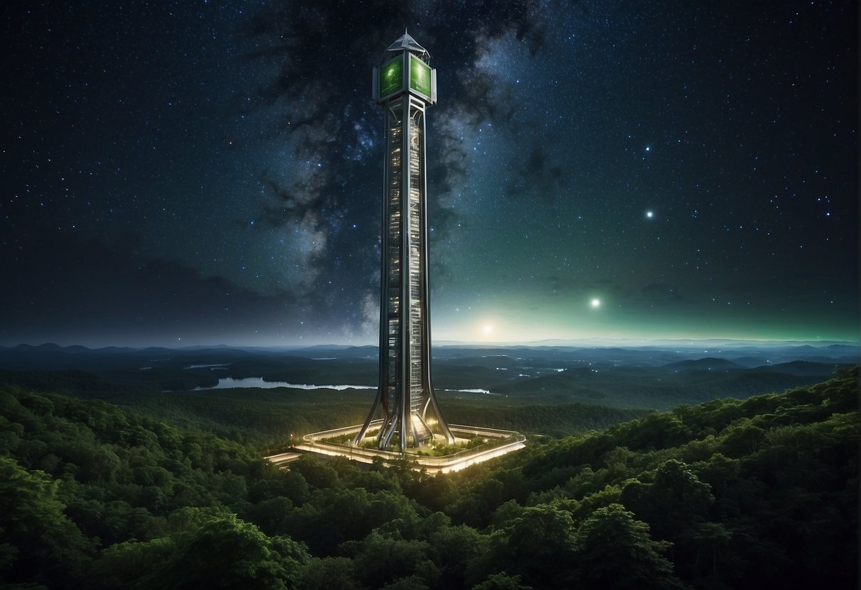 A space elevator tower rises from a lush, green landscape, reaching up into the starry night sky. The tower is surrounded by safety barriers and environmental monitoring equipment, showcasing the careful consideration of safety and environmental concerns in its design