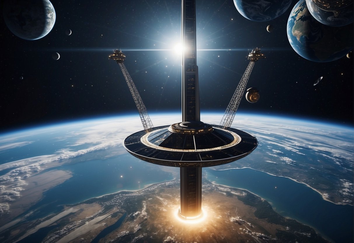 A space elevator rises from Earth's surface, reaching towards the stars, surrounded by a network of satellites and spacecraft. The Earth looms large in the background, showcasing the strategic benefits and geopolitical considerations of this futuristic technology