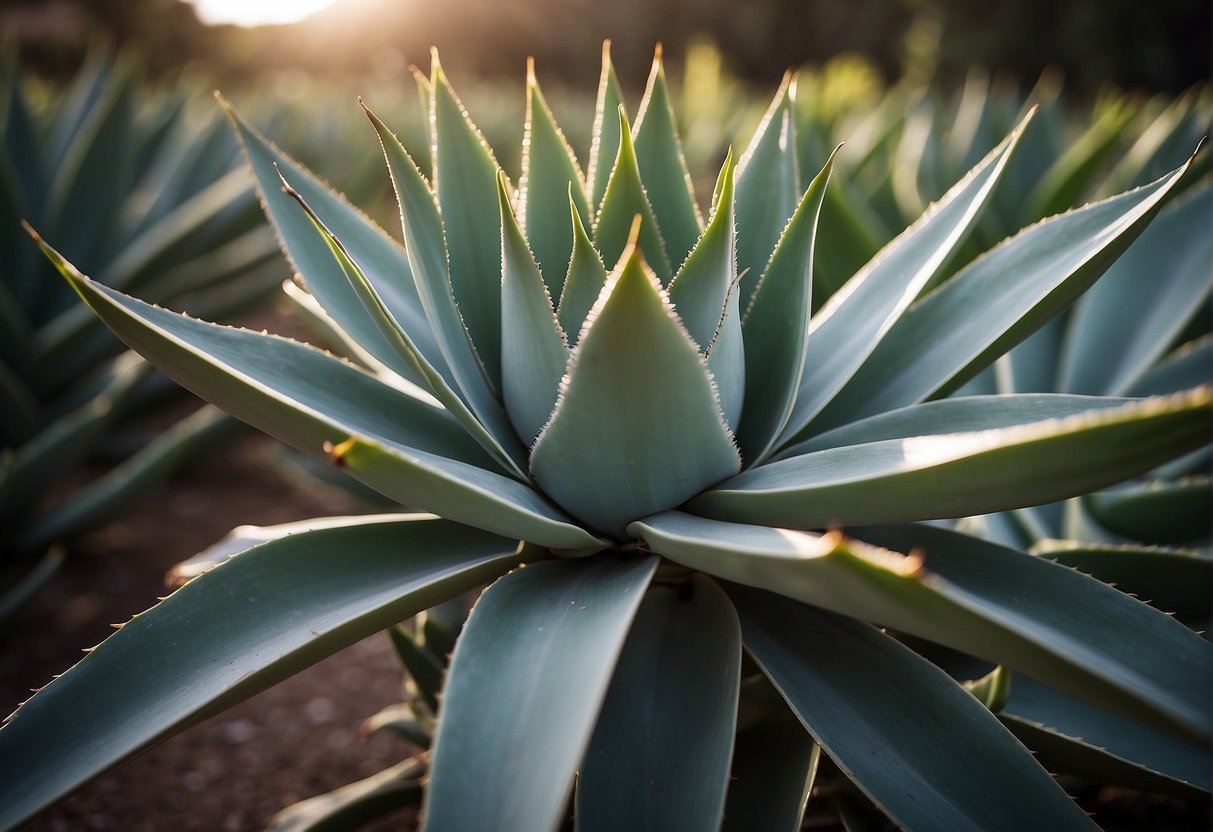 The agave plant has thick, fleshy leaves with sharp spines along the edges, while the yucca plant has thinner, sword-shaped leaves without spines