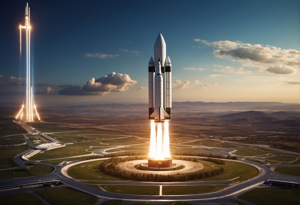 A rocket launches from a futuristic spaceport, surrounded by advanced technology and bustling with activity. Satellites orbit the Earth, connecting the world in the new space economy