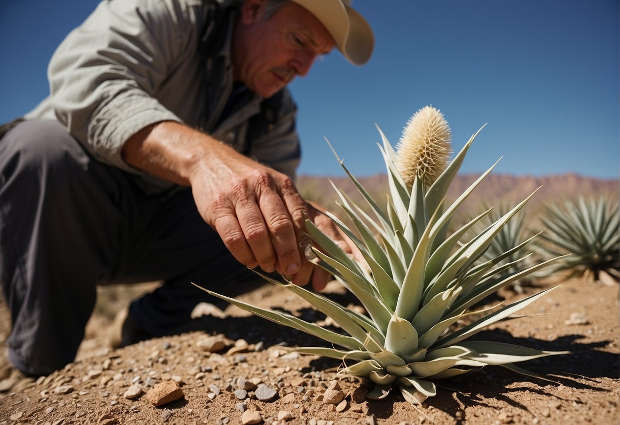 A person digs up a yucca plant in Mesa County, Colorado, carefully examining its features to identify the right species