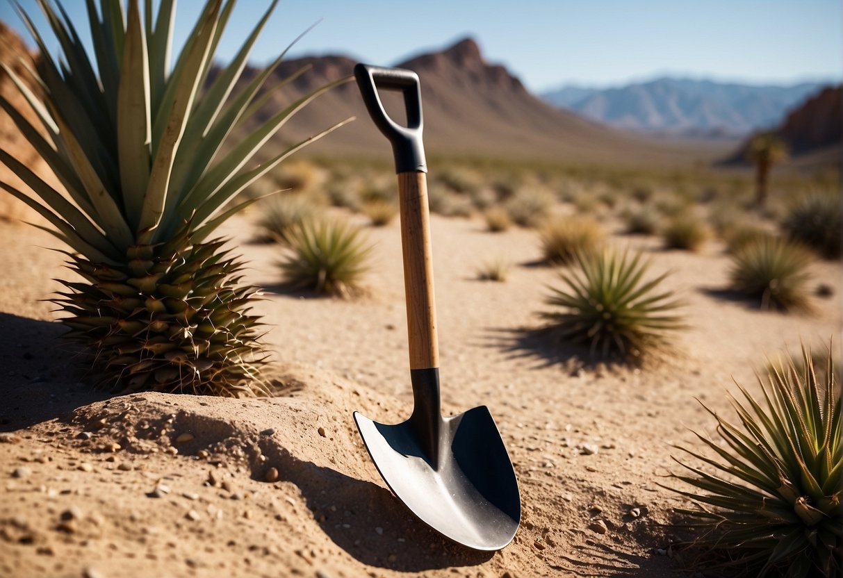 A shovel rests against a rocky ground with a yucca plant in the background. The sun casts long shadows as the desert landscape stretches out