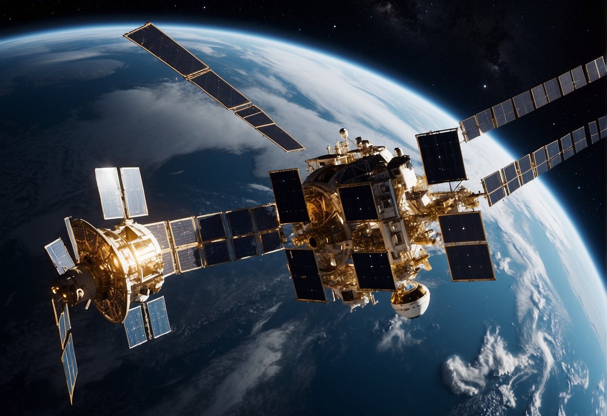 A group of satellites orbiting Earth, interconnected through communication links, while a space station conducts research and manufacturing activities