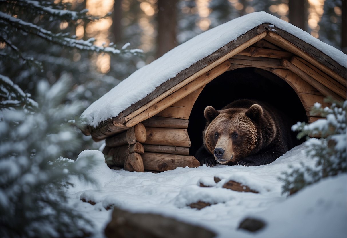 Hibernation for Long-Duration Space Travel A bear curled up in a cozy den, surrounded by a winter landscape. The bear's breathing is slow and steady, as it enters hibernation for long-duration space travel