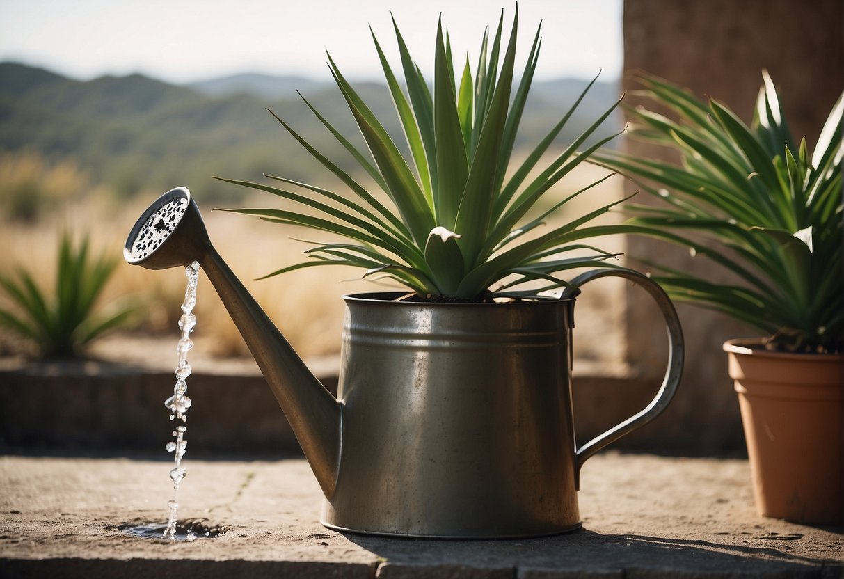 A yucca plant sits in a well-draining pot. A watering can pours water at the base until it seeps through the bottom