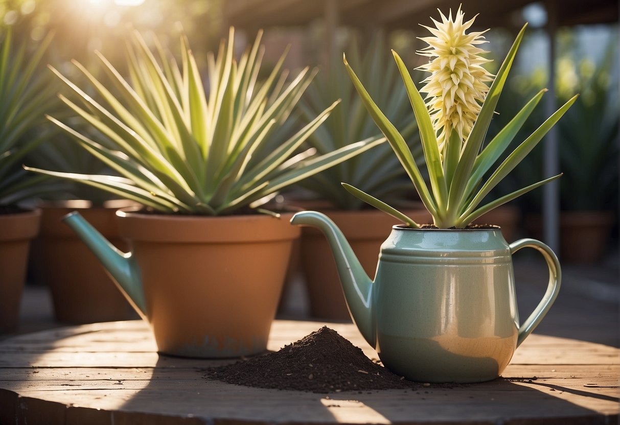 A yucca plant sits in a well-draining pot, surrounded by bright sunlight. A watering can is nearby, ready to provide a moderate amount of water when the soil is dry