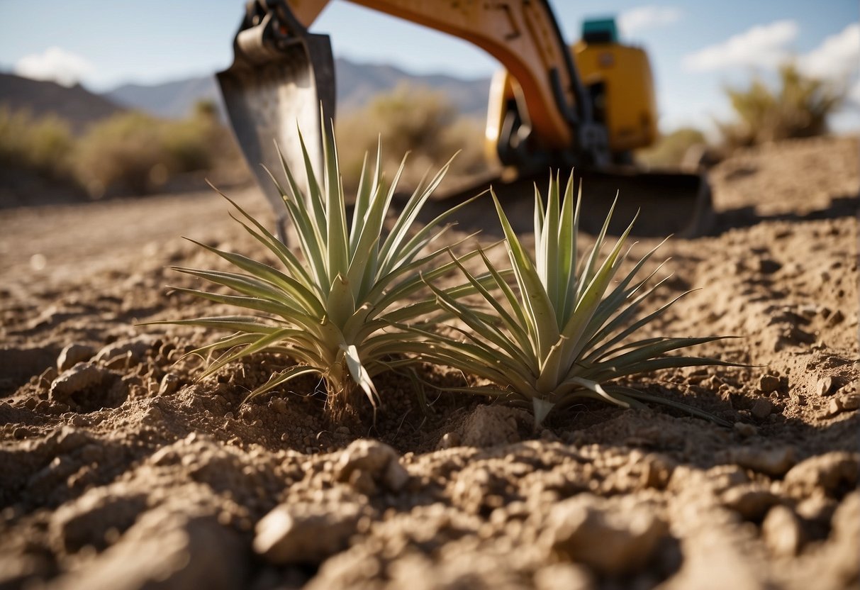A shovel digs into dry soil, uprooting a stubborn yucca plant. Roots and soil fly as the plant is forcibly removed from the ground