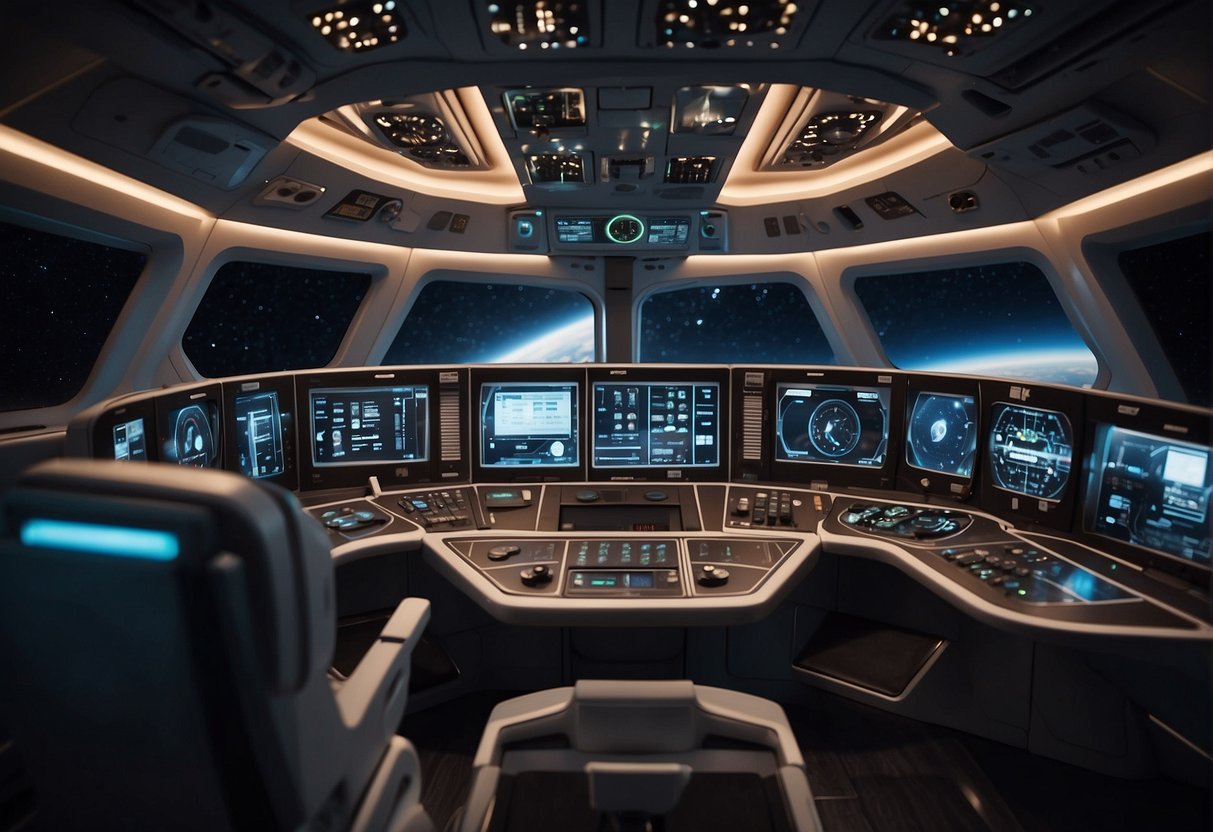 An astronaut's hibernation pod floats in a sleek, high-tech spacecraft, surrounded by glowing control panels and monitors displaying vital signs and life support systems