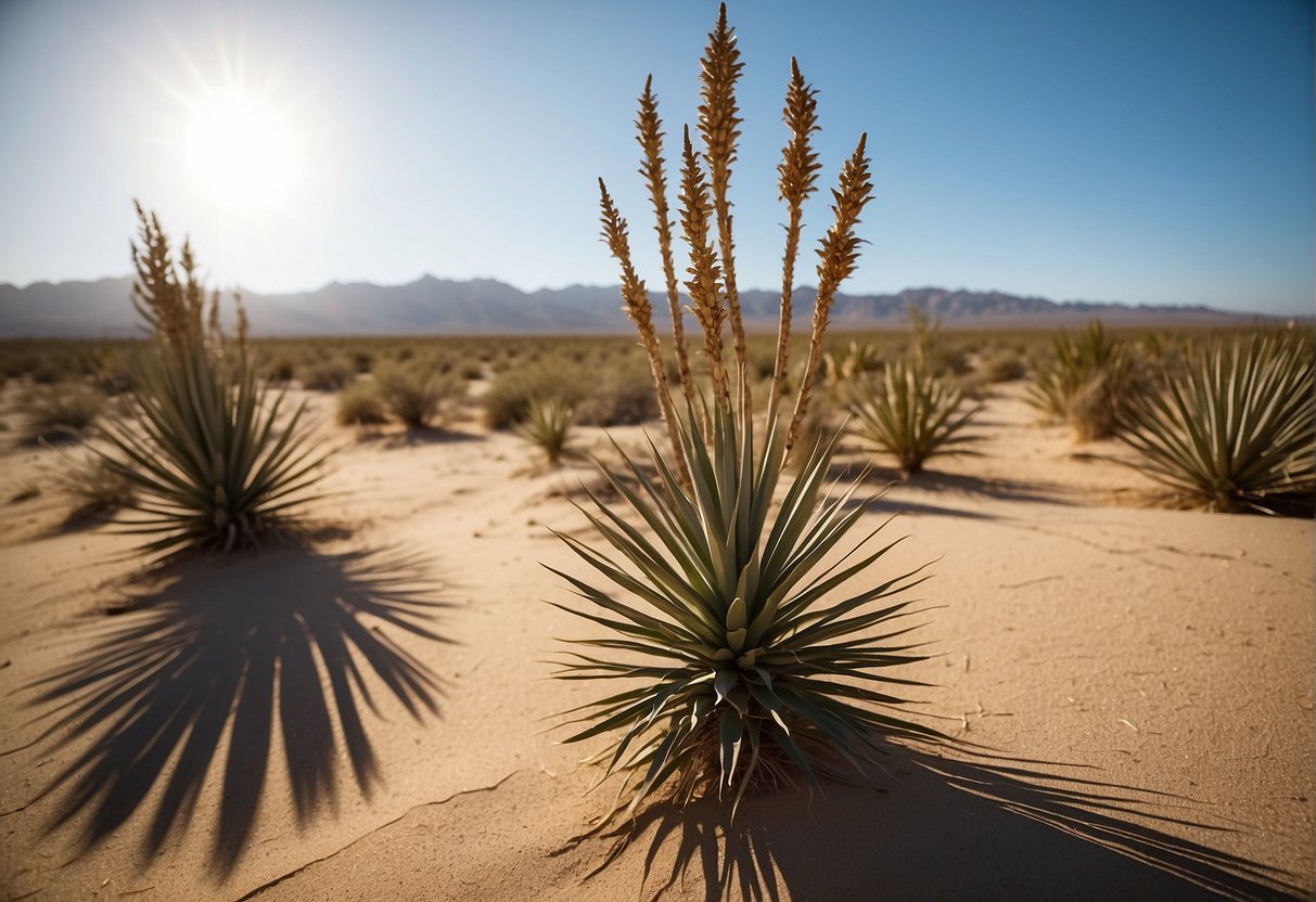 Yucca plants stand tall in the desert, ready for harvest. The sun beats down on the dry, sandy soil as the plants await collection for medicinal use