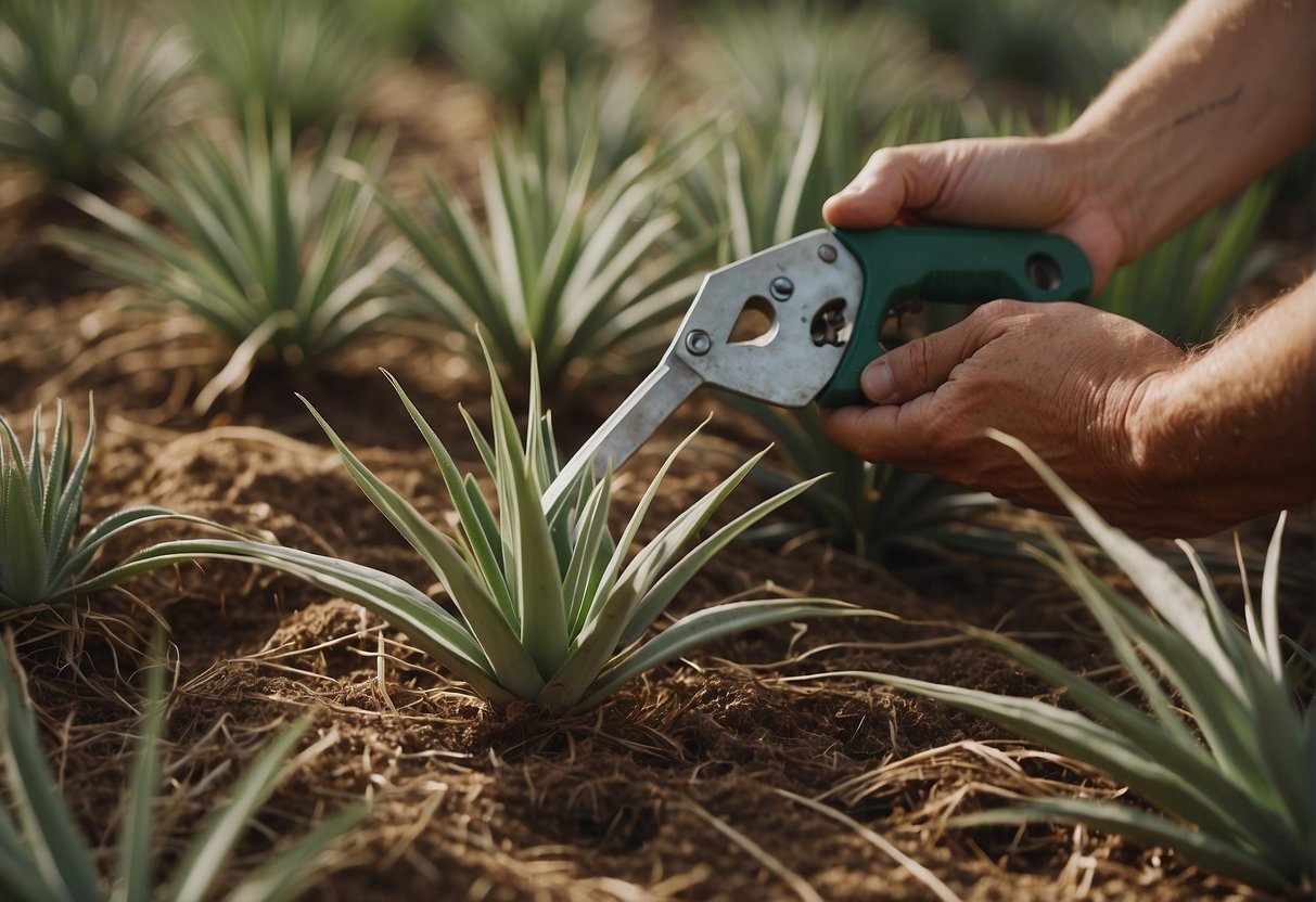 A person uses a sharp tool to cut yucca plants at the base. They carefully remove the outer leaves and extract the inner root for medicinal use