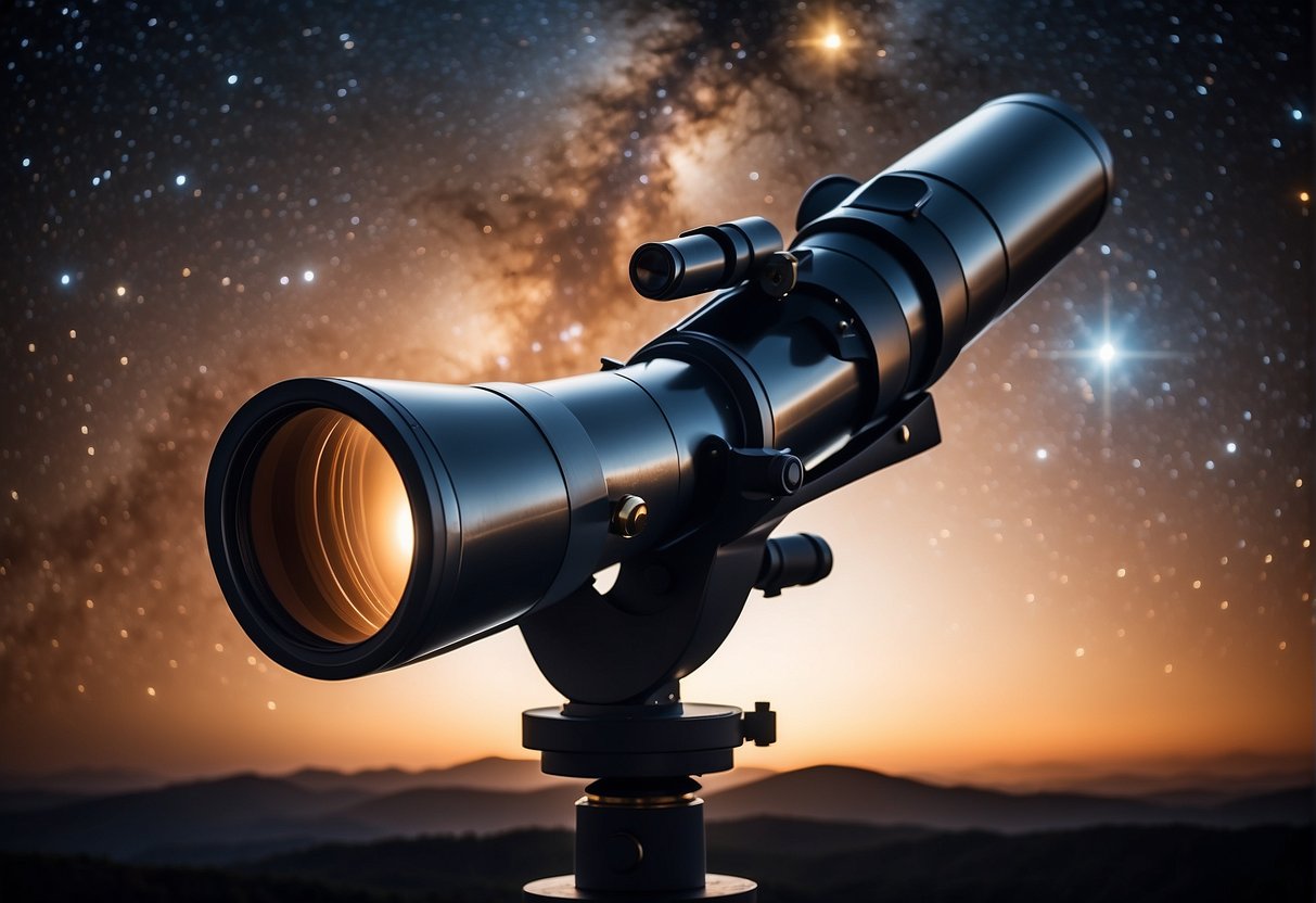 A telescope points towards the night sky, capturing the distant glow of exoplanets. Advanced technology and data analysis tools surround the telescope, aiding in the discovery of other worlds