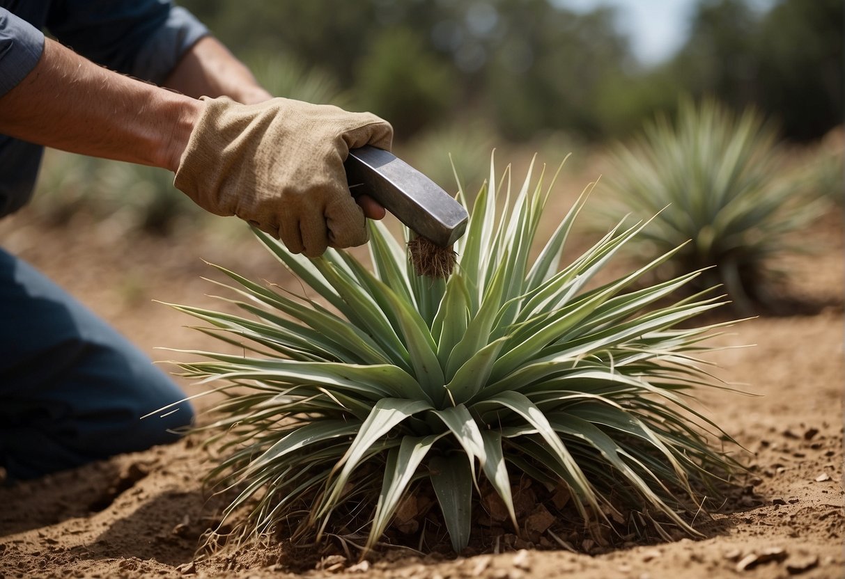 Yucca plants being uprooted and chopped into pieces by a mechanical tool