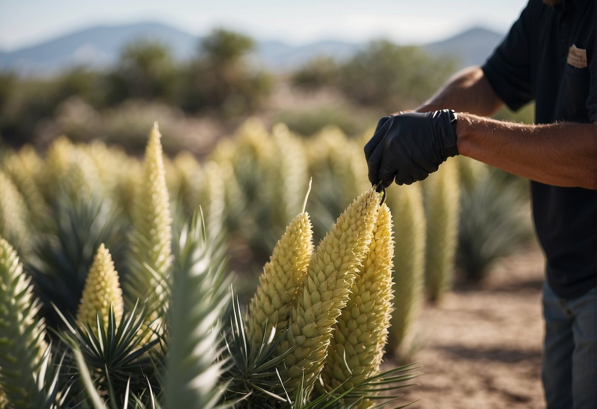 A person spraying herbicide on yucca plants, with wilting and dying plants in the background