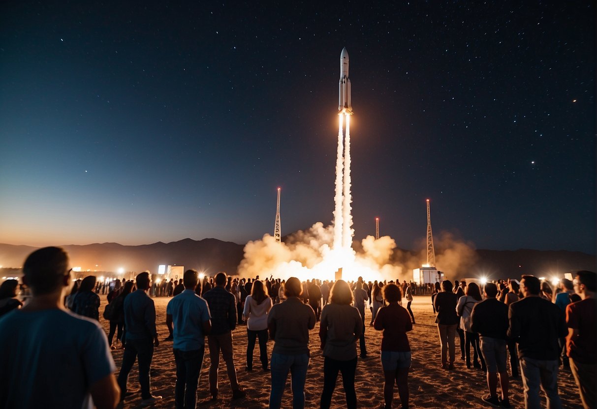 Astro-Tourism A crowd gathers at a spaceport, watching a rocket launch into the night sky. The stars twinkle above as the spacecraft ascends, leaving a trail of fire and smoke behind