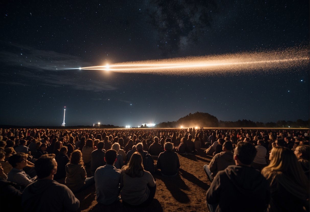 A crowd gathers under a night sky, watching a space launch illuminate the darkness. The rocket streaks upward, leaving a trail of light as it disappears into the stars