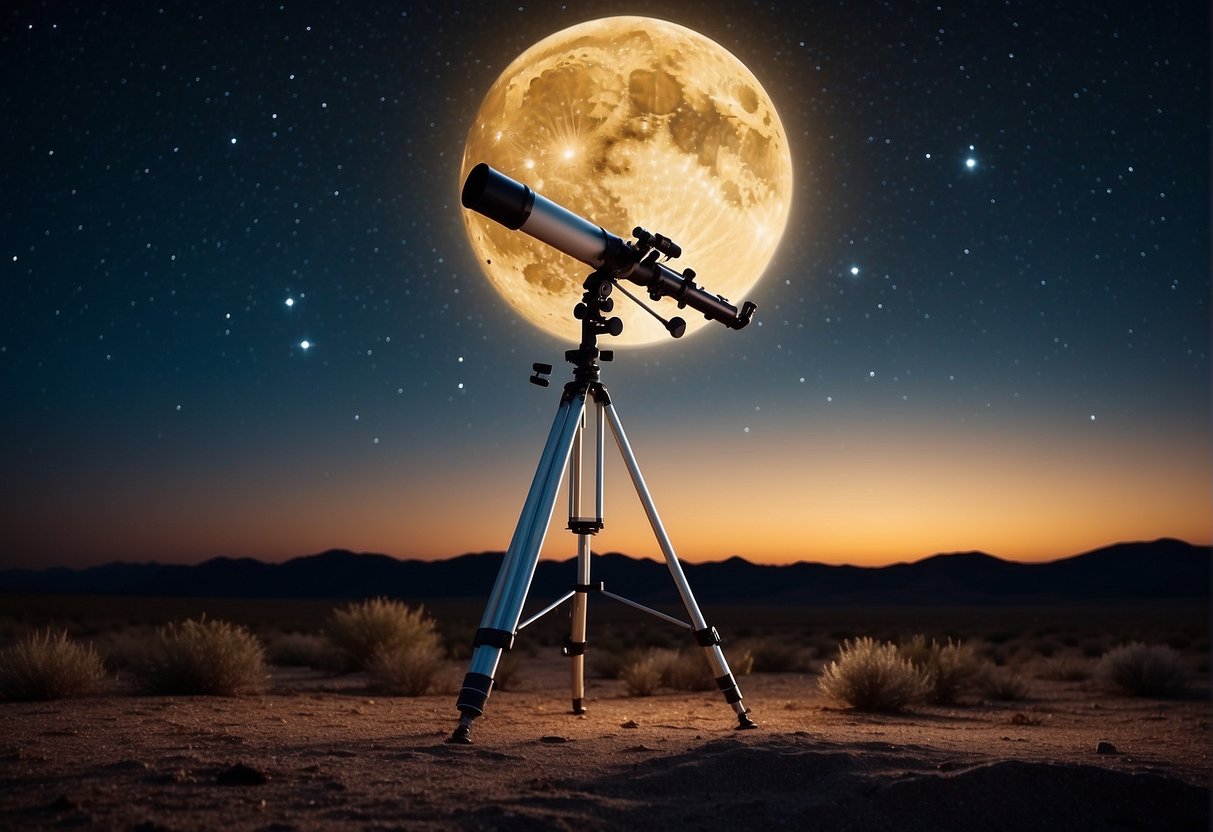 The scene shows a telescope, camera, and tripod set up on a flat surface, with a clear night sky filled with stars and a distant space launch in the background