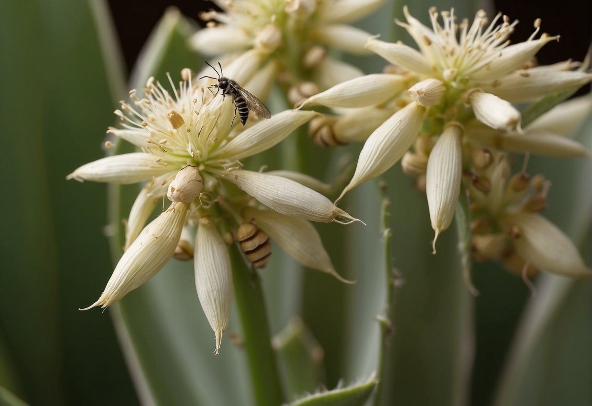 Yucca moths pollinate yucca plants by carefully transferring pollen from the stamens to the pistil, ensuring successful fertilization