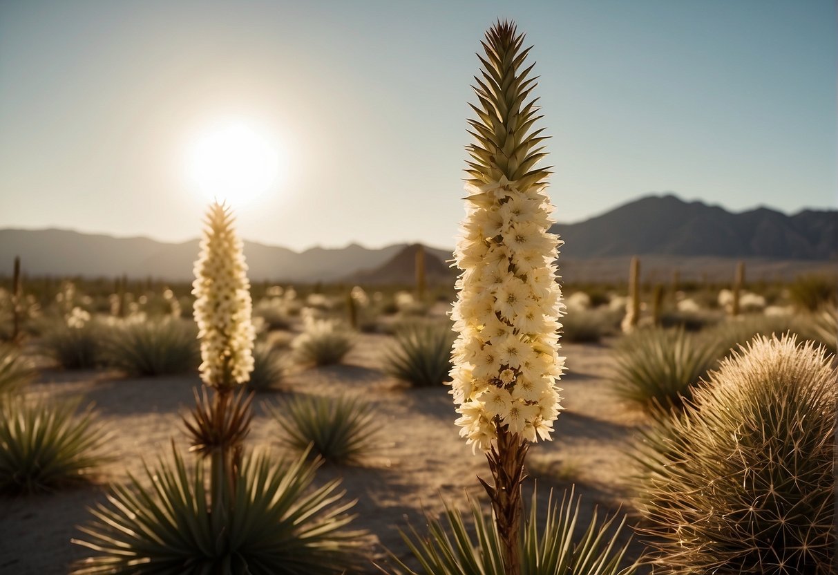 A yucca plant stands tall in a desert landscape, with a bright sun shining down. A yucca moth hovers near the plant's flowers, ready to pollinate them