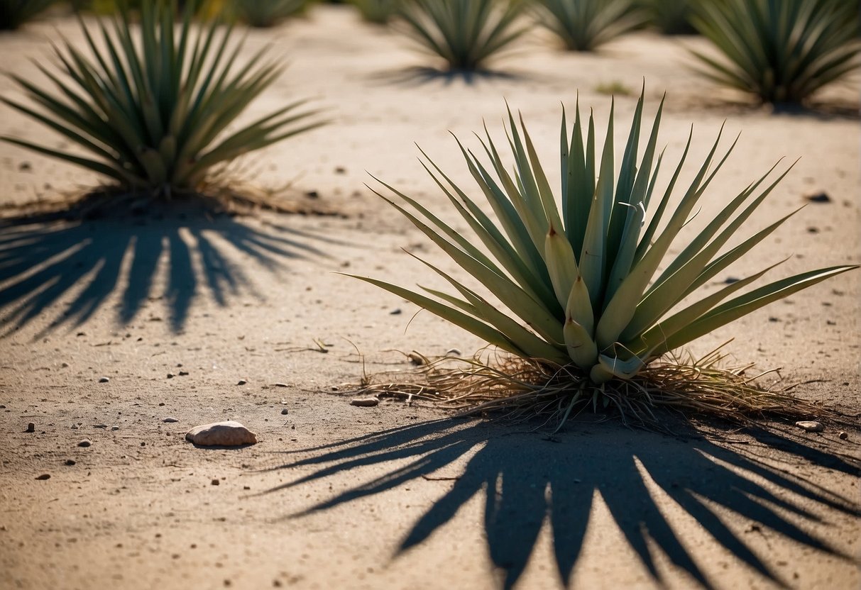 Several yucca plants hover above the ground in a desolate landscape, casting shadows in the harsh sunlight. The plants appear to defy gravity, creating an eerie and otherworldly atmosphere