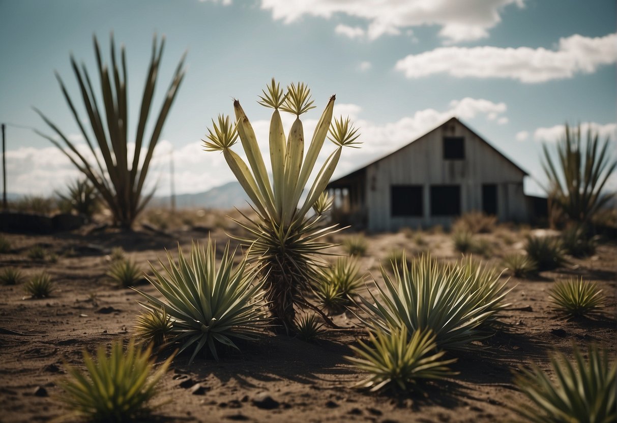 A yucca plant floats above the ground, surrounded by other floating plants. The scene is set in a post-apocalyptic world with a sense of eerie desolation